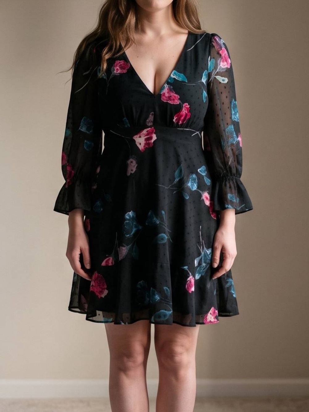 DKNY - Black Floral V-Neck A-Line Floral Pattern Slip-Lined Dress - SZ 2